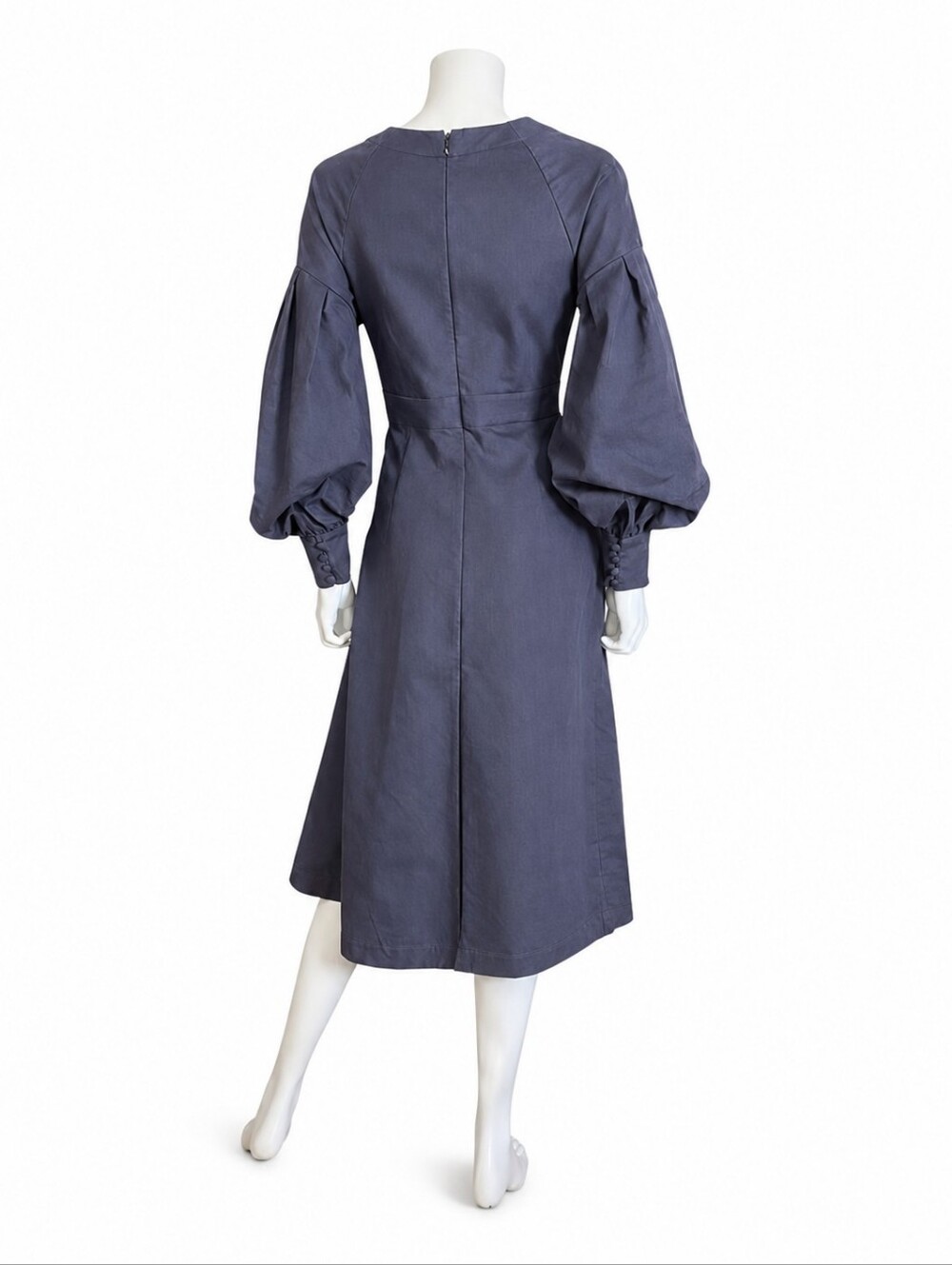 HUISHAN ZHANG | Asymmetric Pleated Balloon Sleeve Midi Dress Charcoal Grey US 8 - Picture 6 of 10